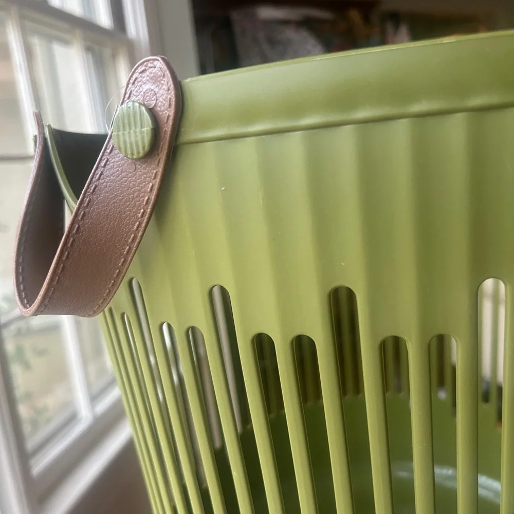 Viral JAPANDI Round Olive Green Storage Basket Leather Handles NEW